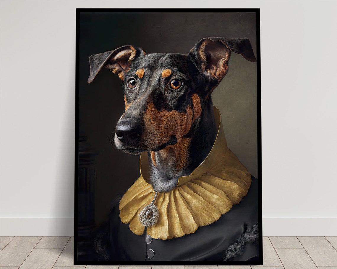 Doberman Baroque Style Portrait Golden Ruff Collar Funny Poster