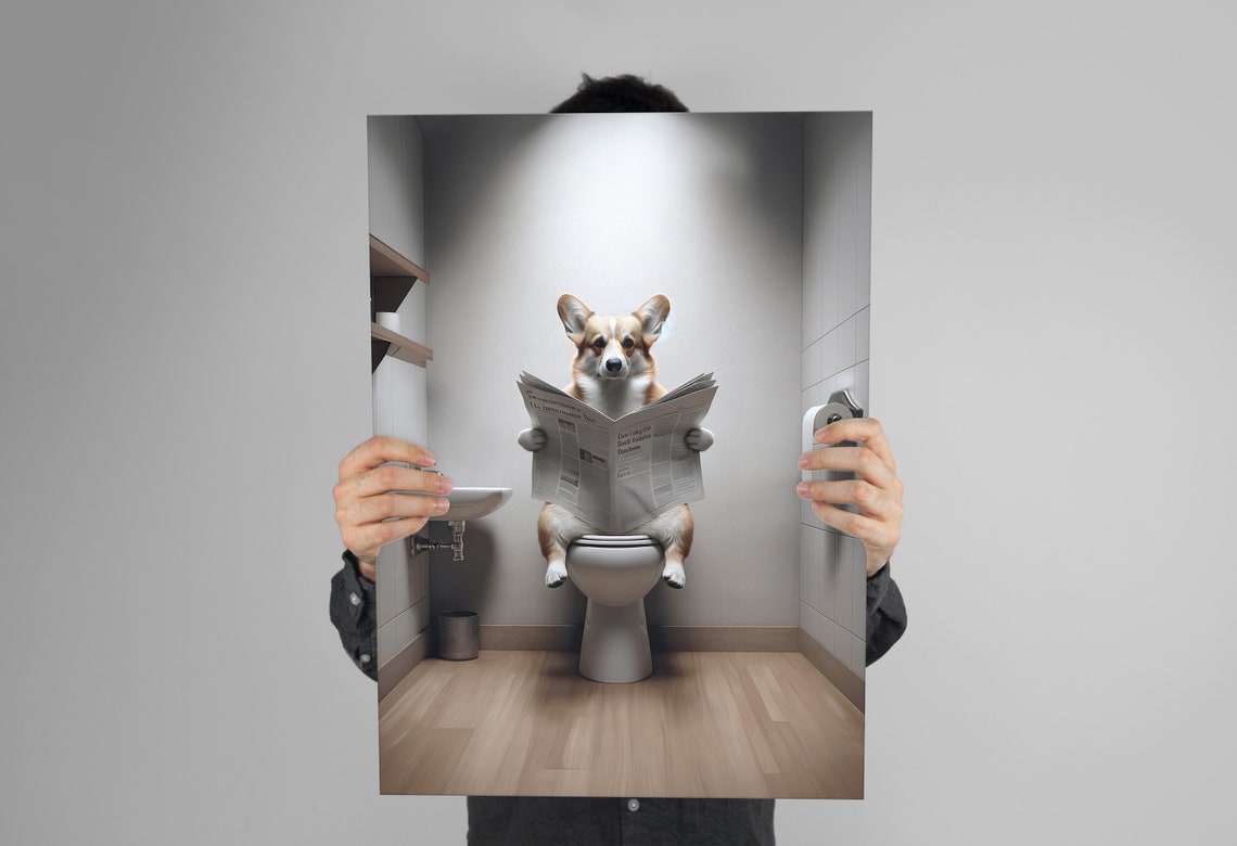Funny Corgi Reading Newspaper On Toilet Bathroom Humor Dog Poster - Image 3