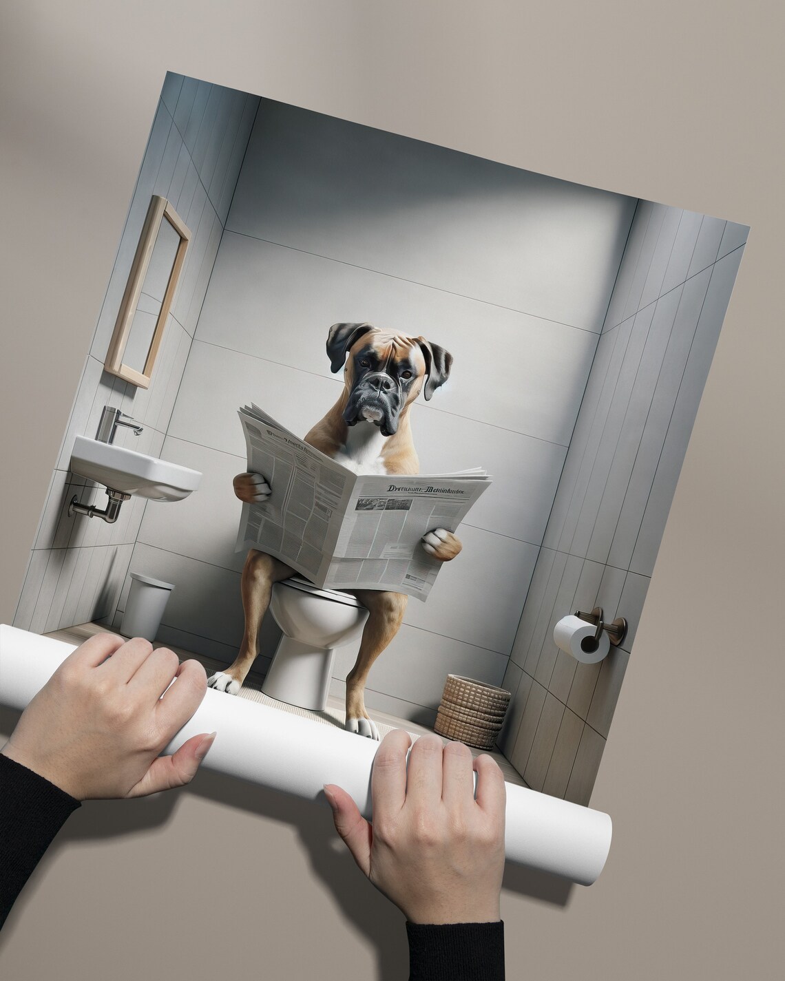 Funny Boxer Dog Reading Newspaper On Toilet Bathroom Humor Poster - Image 2