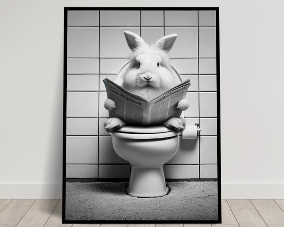 Photograph Of A Rabbit Reading On The Toilet In Black And White Fun Bathroom Decor Bathroom Wall Art Wc Toilet Poster Funny Gift