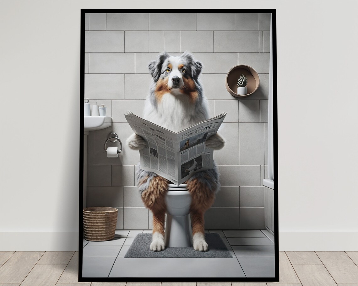 Australian Shepherd Reading Newspaper, Bathroom Gag Poster