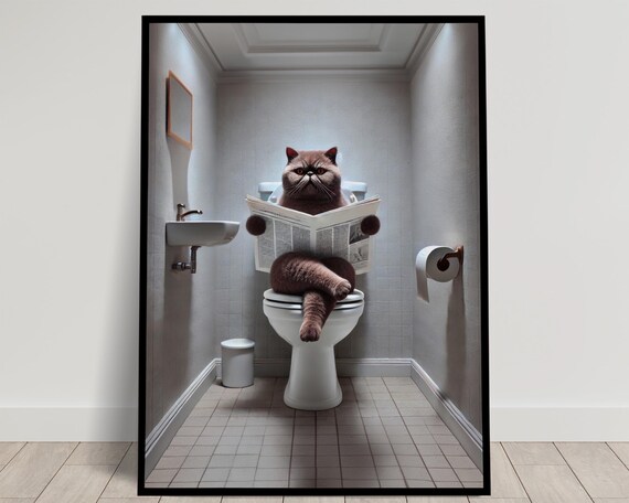 Chocolate Brown Cat Reading Newspaper On Toilet Funny Bathroom Poster