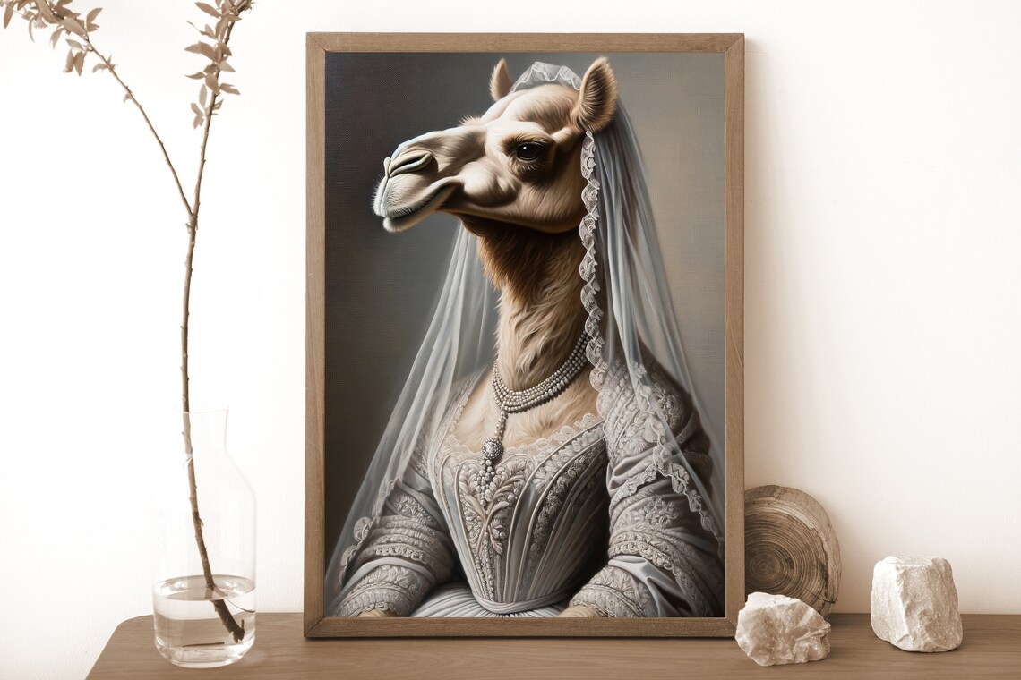 Camel Bride in a Silver Lace Wedding Gown Victorian Animal Portrait Poster - Image 3