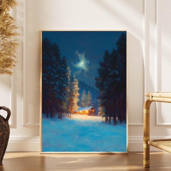 Moonlit Snowy Forest Cabin Winter Night Impressionist Wall Art