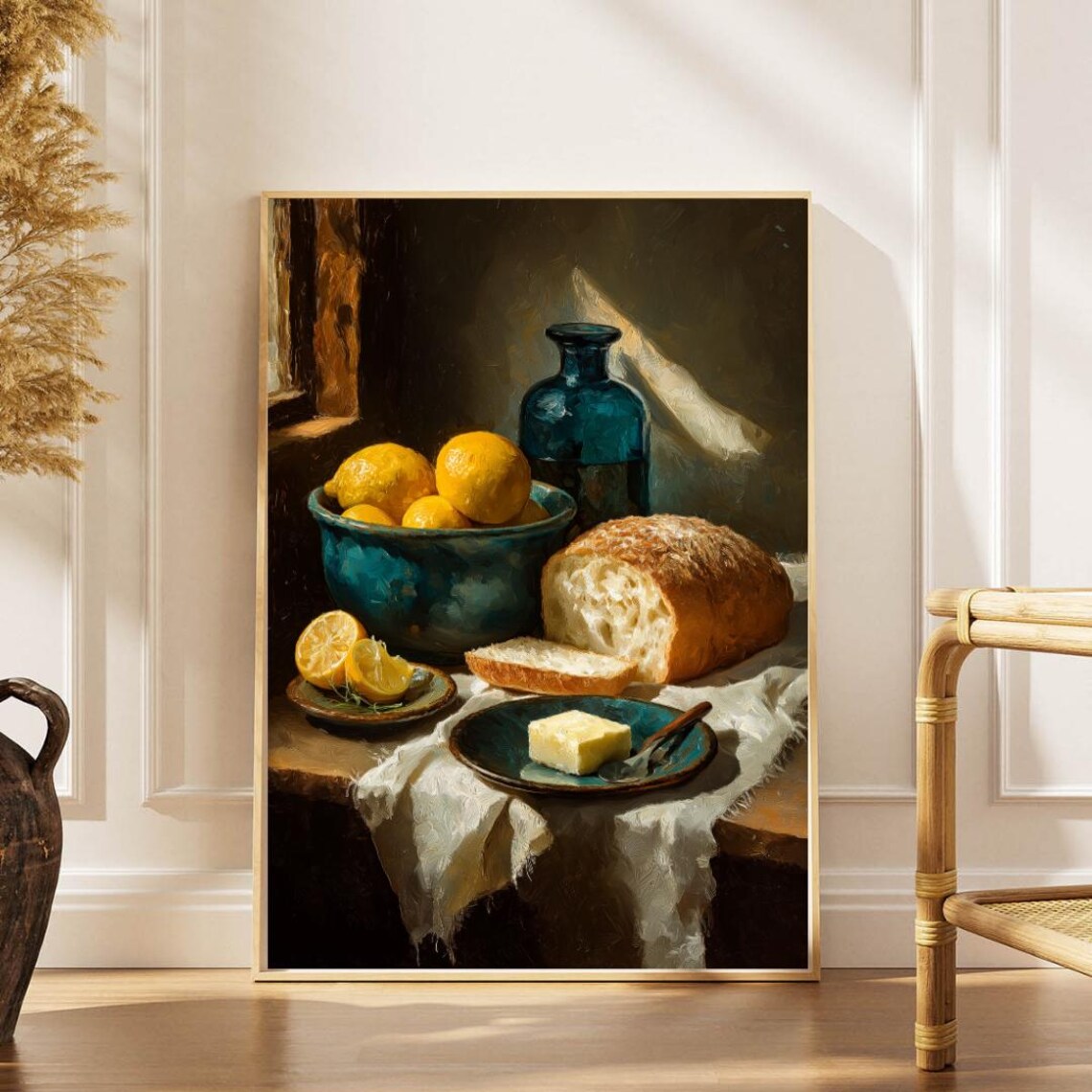 Rustic Kitchen Still Life Lemons Bread Butter Vintage Oil Painting Print