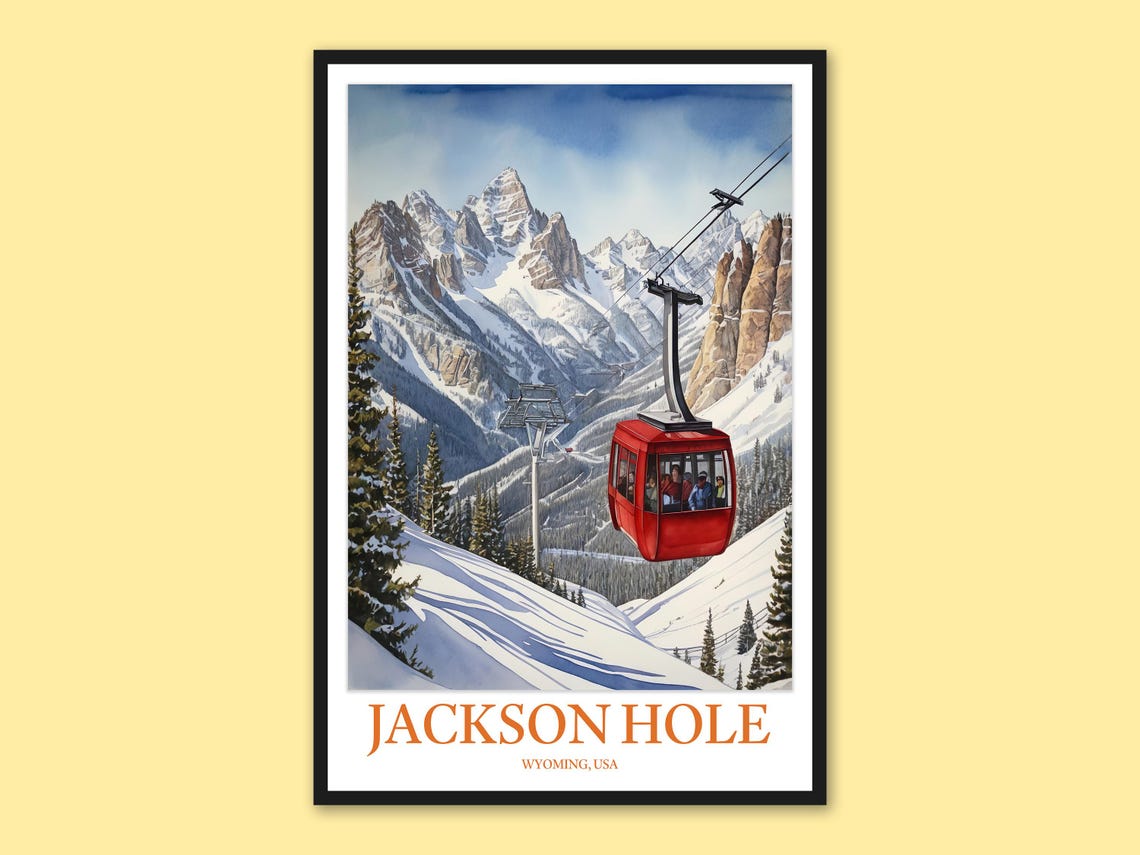 Jackson Hole Wyoming Red Gondola Car Snowy Mountain Ski Poster