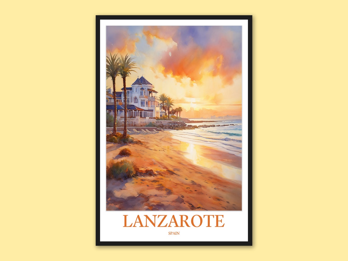 Lanzarote Spain Beachfront Villas Palms Sunset Travel Poster