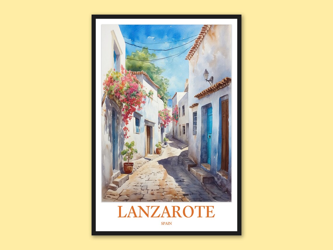 Lanzarote Spain Village Street Bougainvillea Watercolor Poster