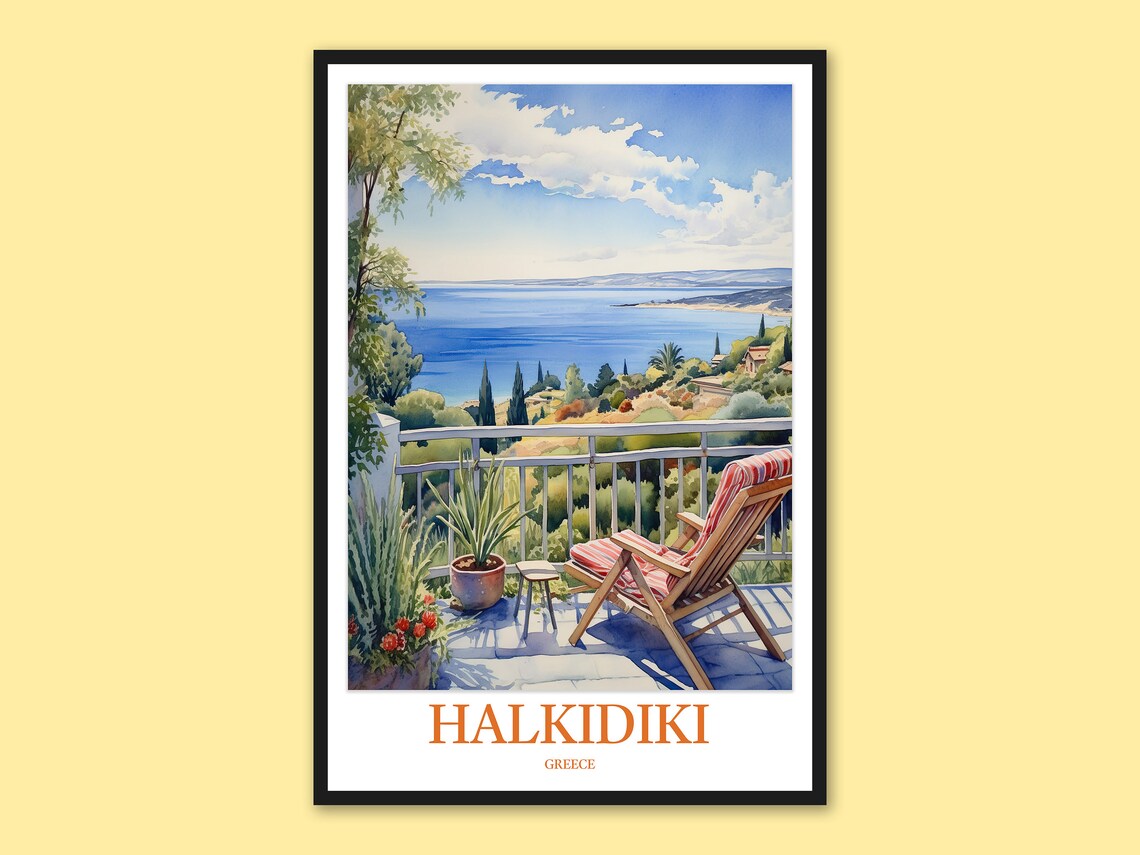 Halkidiki Greece Terrace Chair Aegean Sea View Watercolor Poster