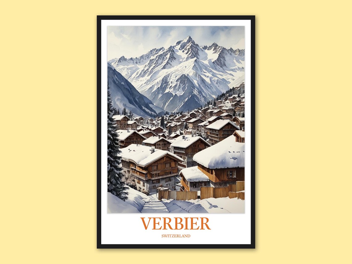 Verbier Switzerland Snowy Alpine Village Panorama Travel Poster