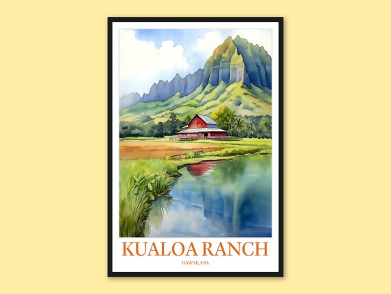 Kualoa Ranch Hawaii Red Barn Pond Mountain Watercolor Travel Poster