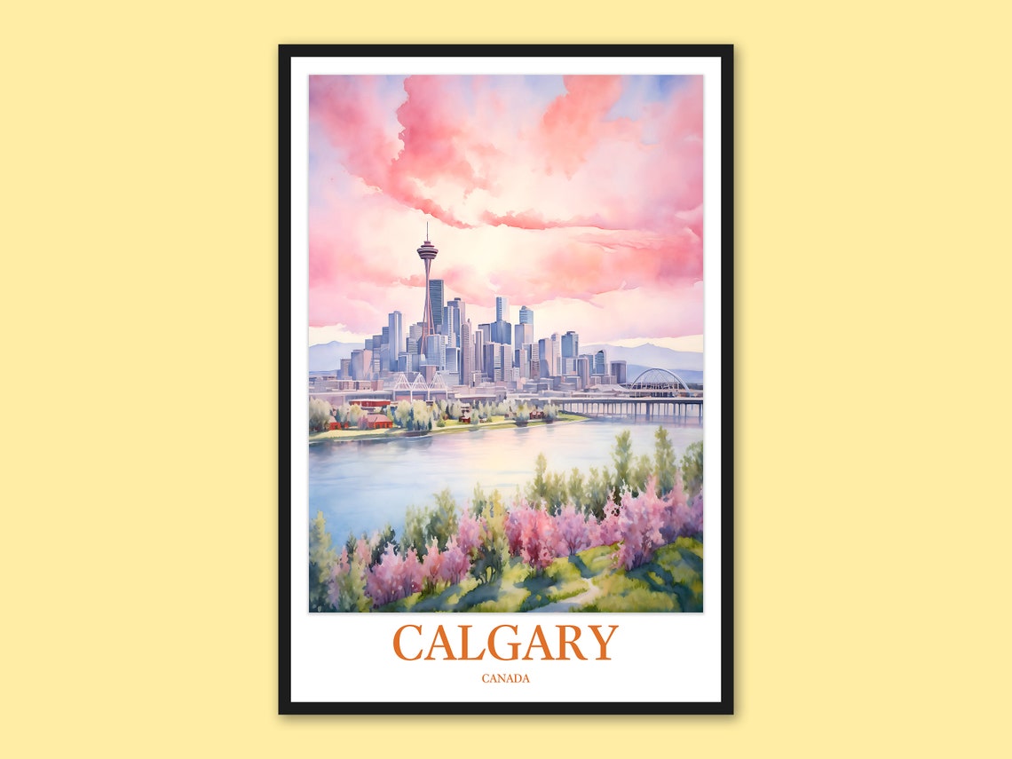 Calgary Skyline Pink Sunset Glow Watercolor Canada Travel Poster