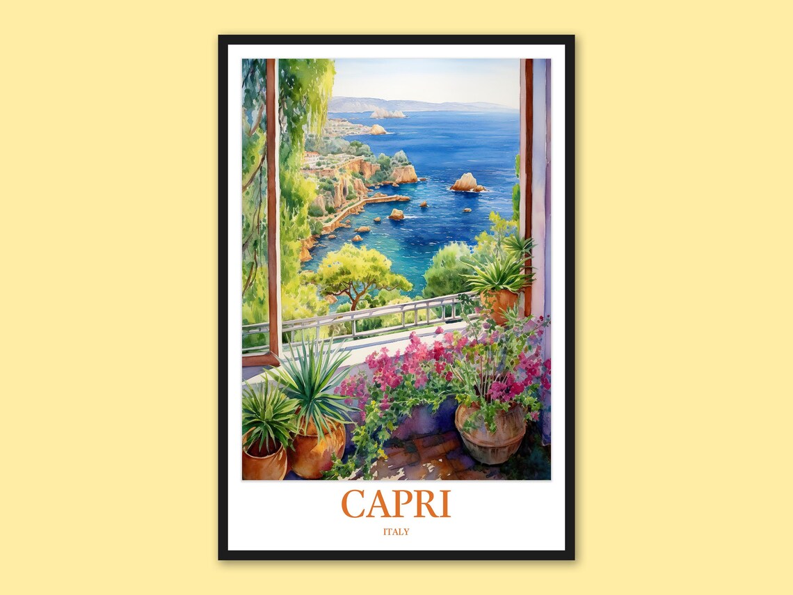 Capri Italy Flower Terrace Cliffs Sea View Watercolor Travel Poster