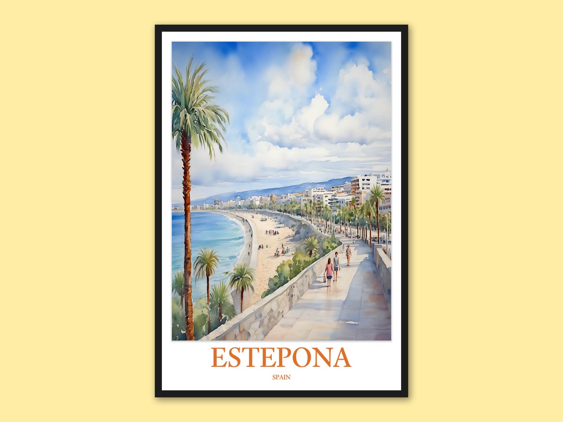 Estepona Spain Coastal Promenade Aerial Watercolor View Travel Poster
