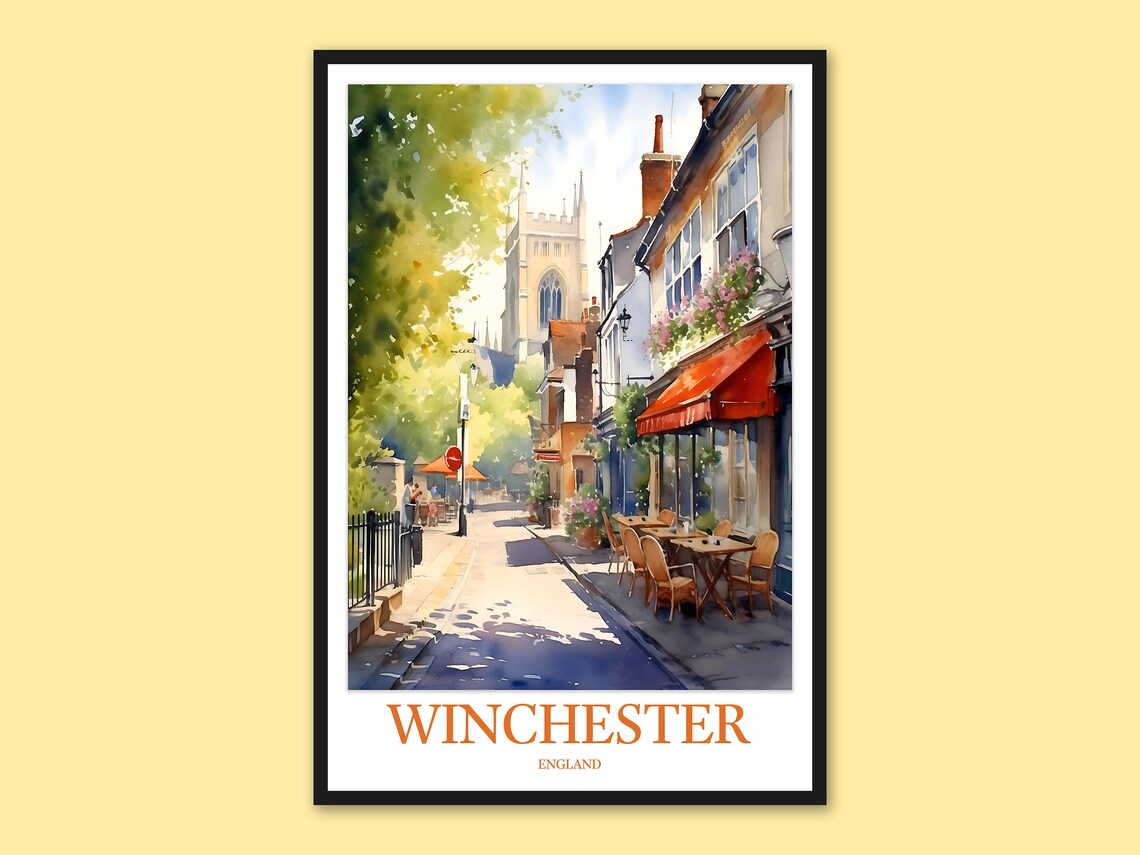 Winchester England Cathedral Quarter Historic Street Watercolor Poster