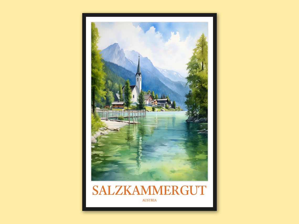 Salzkammergut Austria Emerald Lake Church Summer Mountain Poster