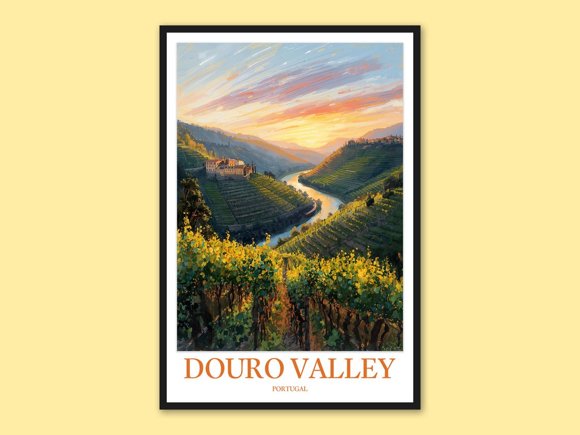 Douro Valley Portugal Golden River Bend Vineyards Sunset Poster