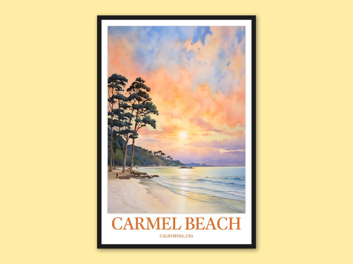 Carmel Beach Sunset Pine Lined Shore Watercolor California Poster