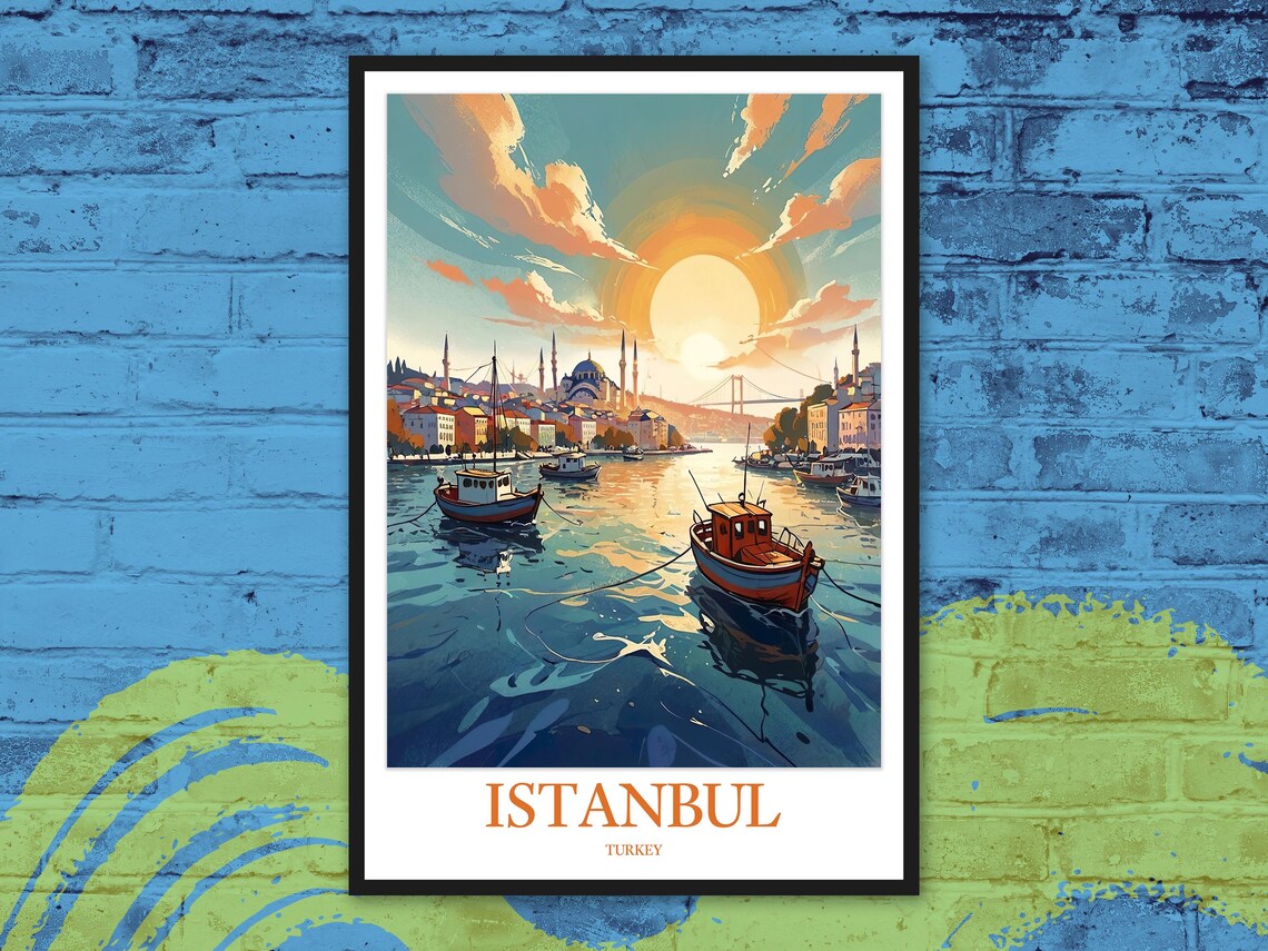 Istanbul Turkey Bosphorus Sunset Fishing Boats Vintage Travel Poster