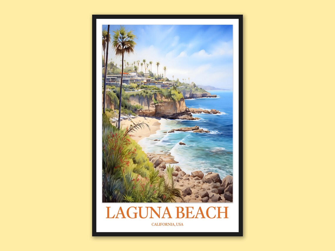 Laguna Beach California Rocky Cove Cliffs Watercolor Travel Poster