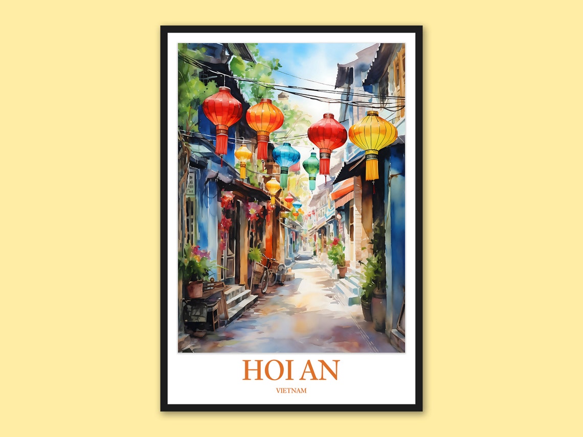 Hoi An Vietnam Watercolor Lantern Street Colorful Old Town Art Poster