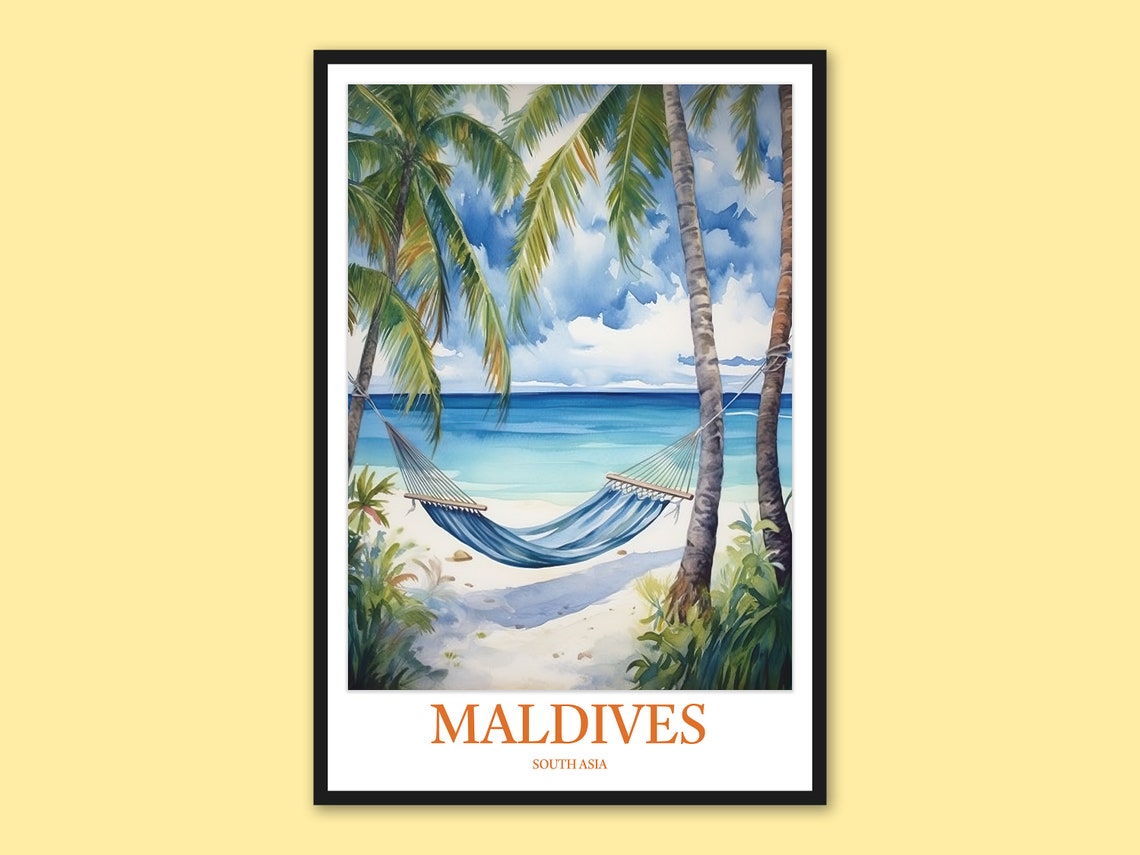 Maldives Beach Hammock Watercolor Palm Trees Travel Wall Art