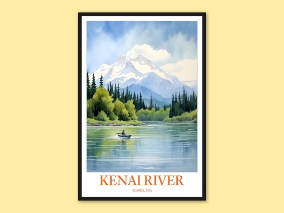 Kenai River Alaska Lone Canoe On Mountain Lake Travel Poster