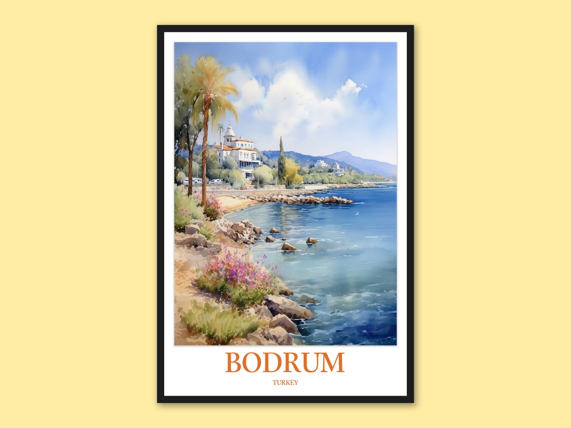 Bodrum Turkey Watercolor Seaside Shore with Palm Trees Travel Poster