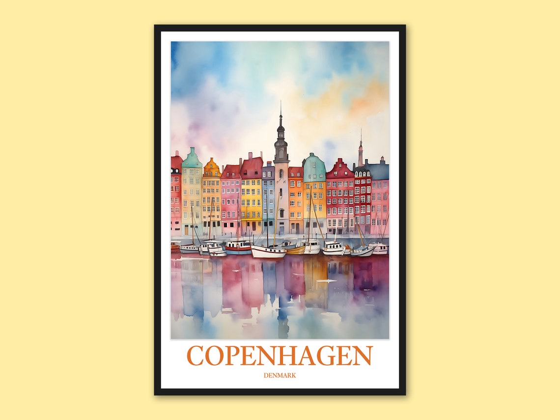 Copenhagen Denmark Nyhavn Colorful Waterfront Harbor Watercolor Poster