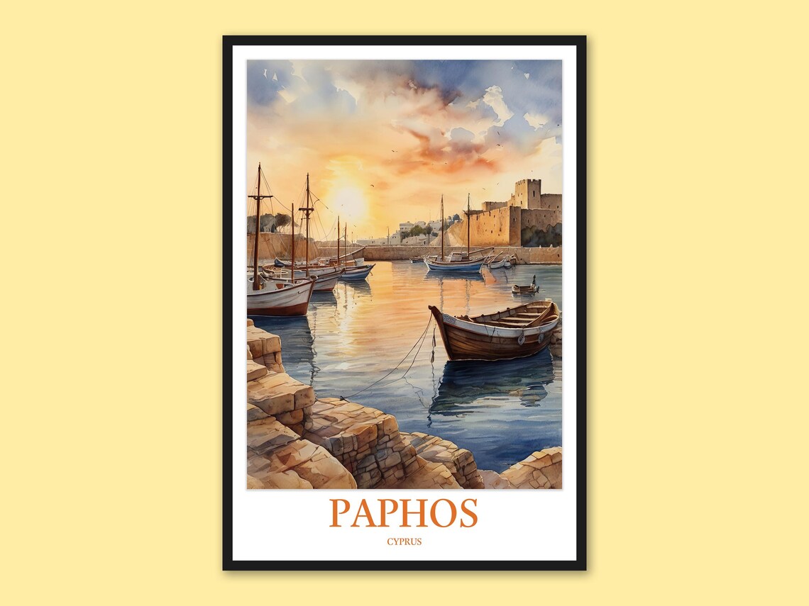 Paphos Cyprus Castle Harbor Sunset Evening Boats Watercolor Poster