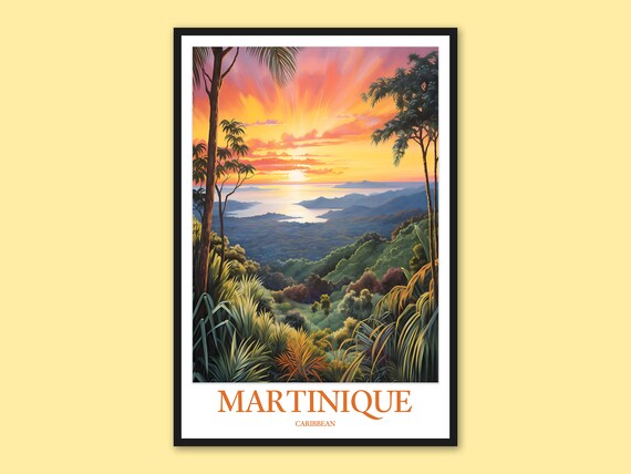 Martinique Travel Poster Caribbean Sunset Print Mount Pele Wall Art
