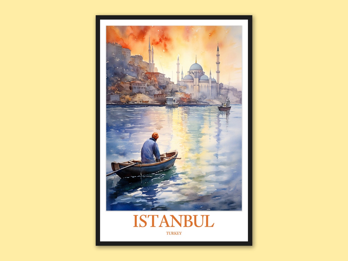 Istanbul Turkey Sunset Rowboat on Bosphorus Watercolor Poster