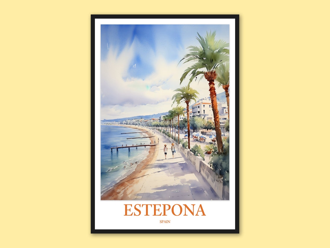 Estepona Spain Palm-Lined Beach Boardwalk Watercolor Travel Poster