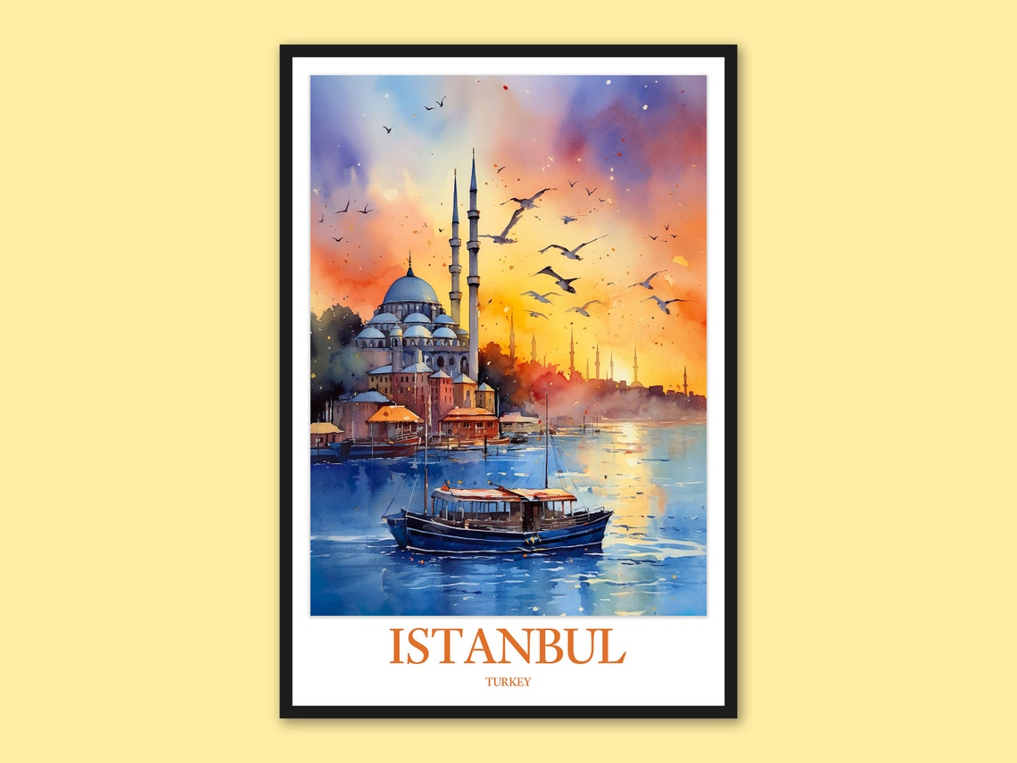 Istanbul Turkey Mosque Sunset Over Bosphorus Watercolor Poster