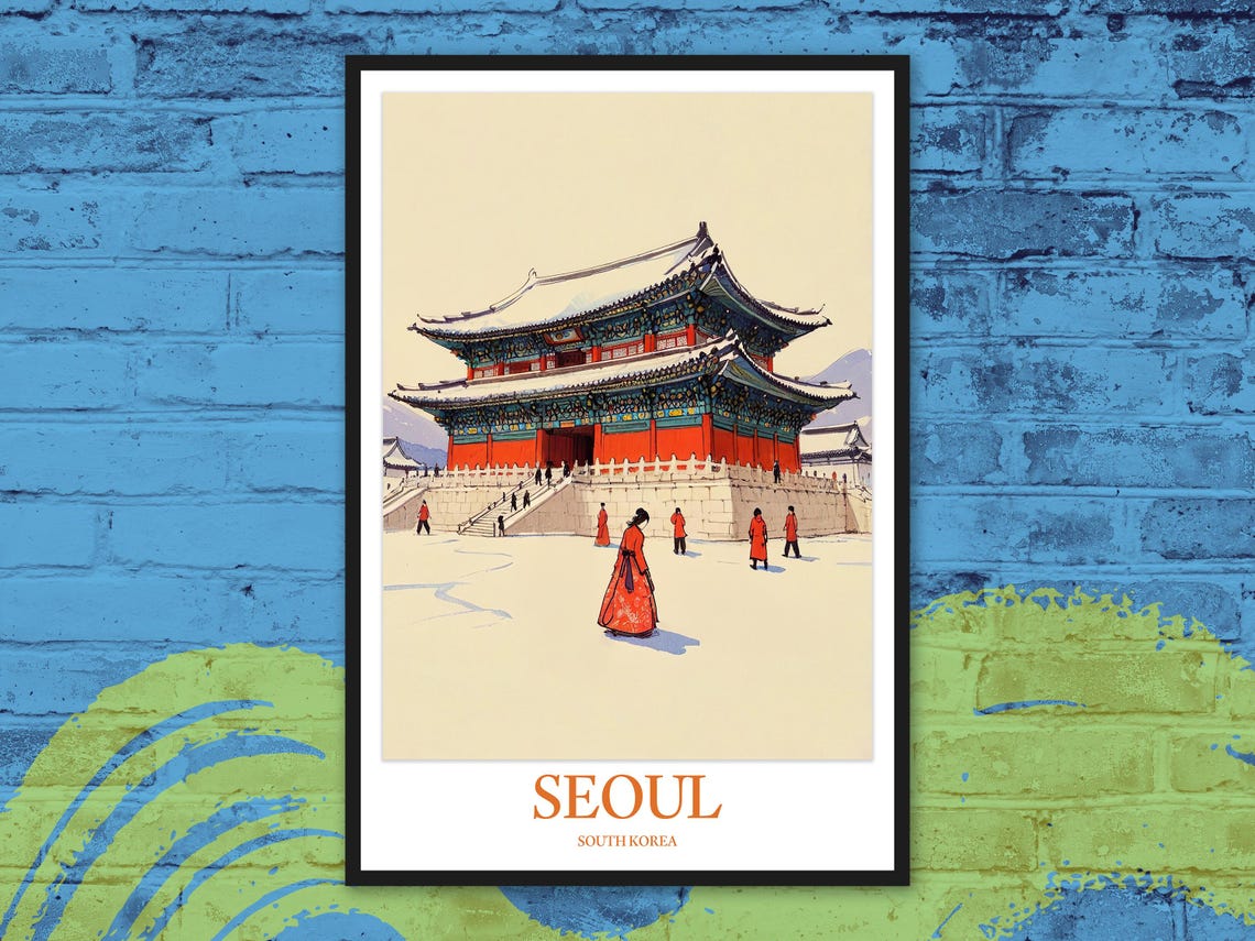 Seoul Gyeongbokgung Palace Winter Snow Illustration Travel Poster