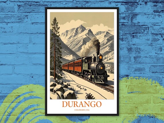 Durango Colorado Sepia Steam Train Snowy Mountain Pass Vintage Poster