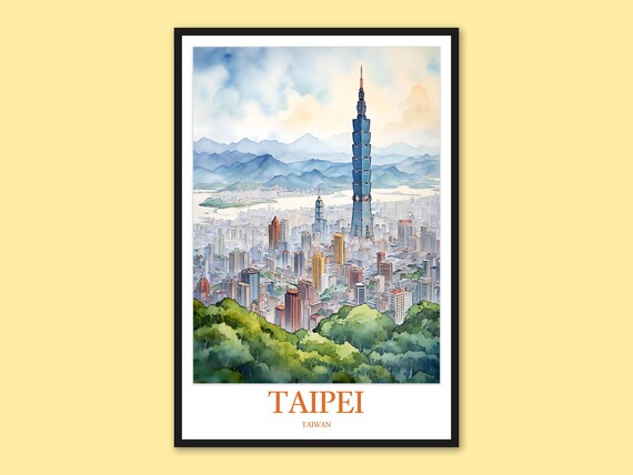 Taiwan Taipei 101 Blue Tower Watercolor City Skyline Travel Poster
