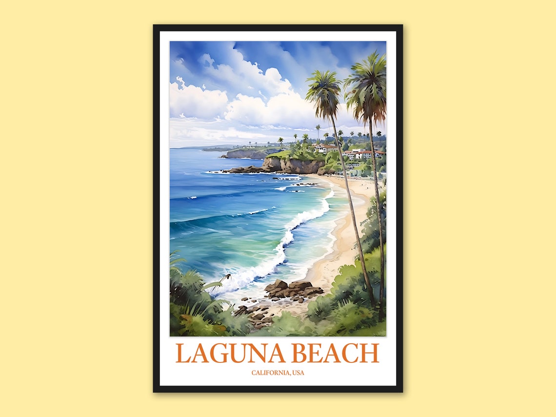 Laguna Beach California Ocean Palms Sandy Shore Watercolor Poster