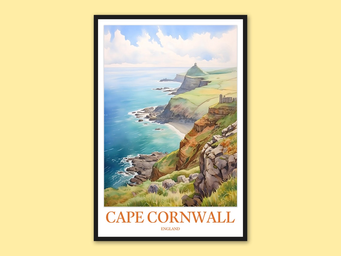Cape Cornwall England Watercolor Travel Poster Coastal Cliffs View
