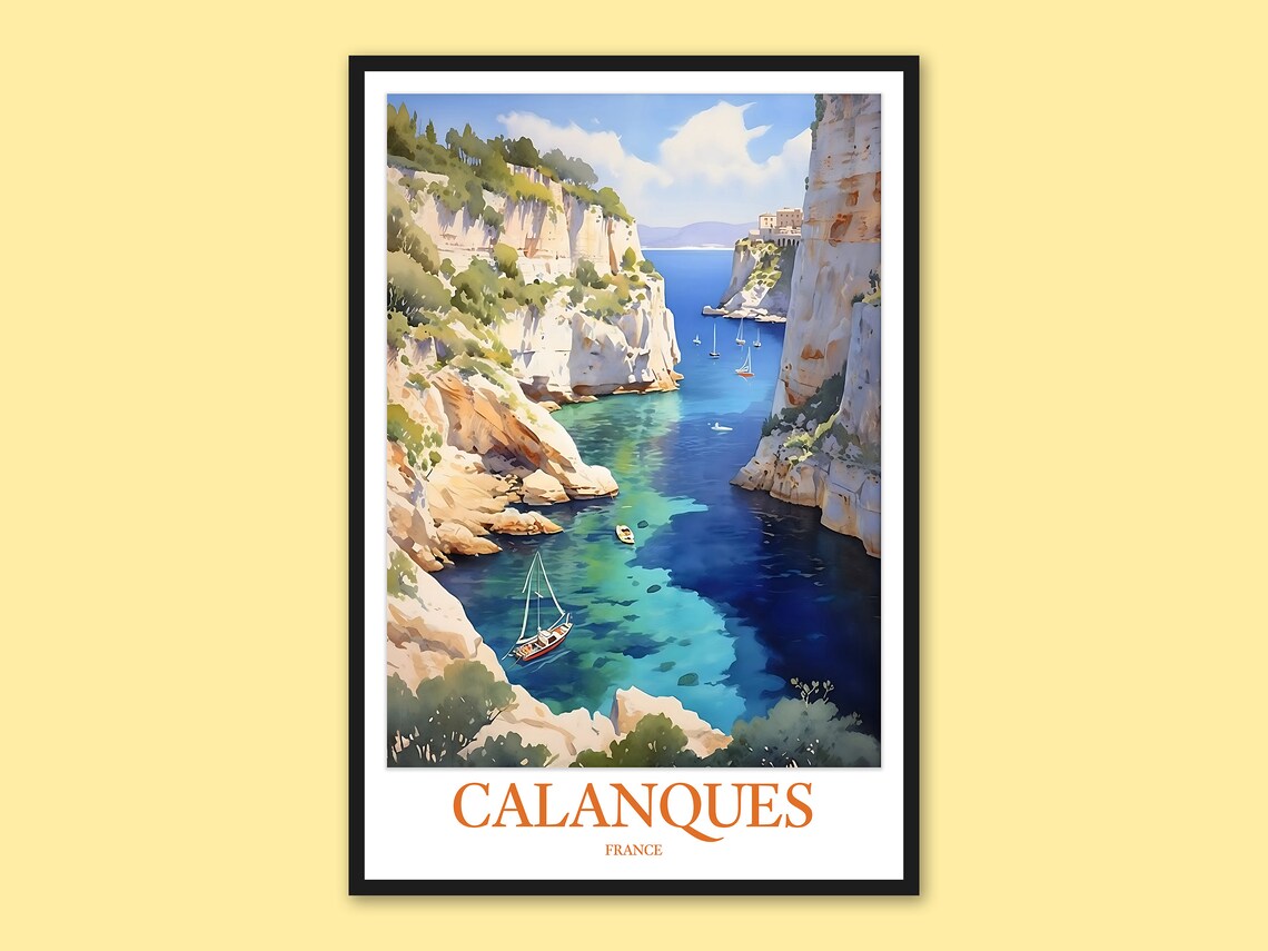 Calanques France Turquoise Sailboat Inlet Watercolor Travel Poster