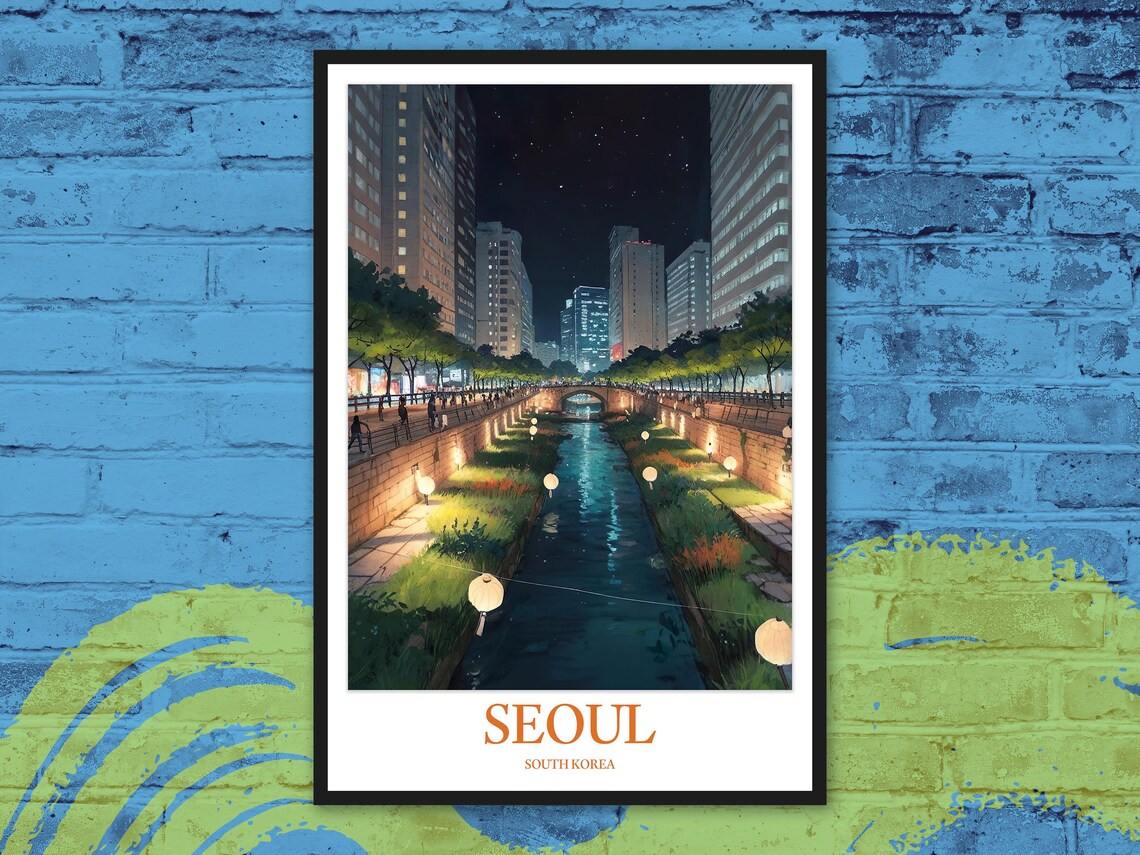 Seoul Night Stream Cheonggyecheon Bridge Lanterns Travel Poster