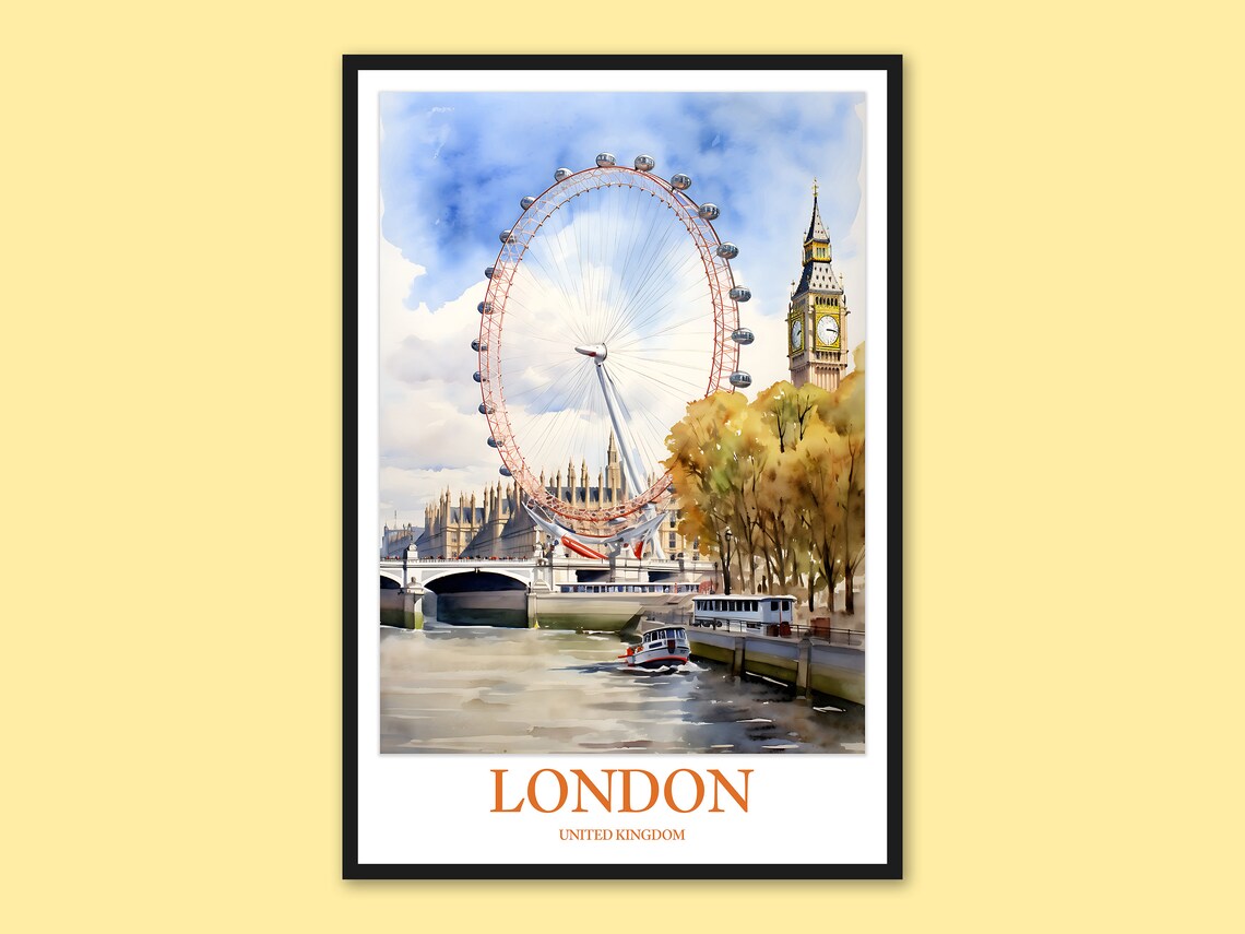 London Eye and Big Ben Rising Above the Thames Watercolor Poster
