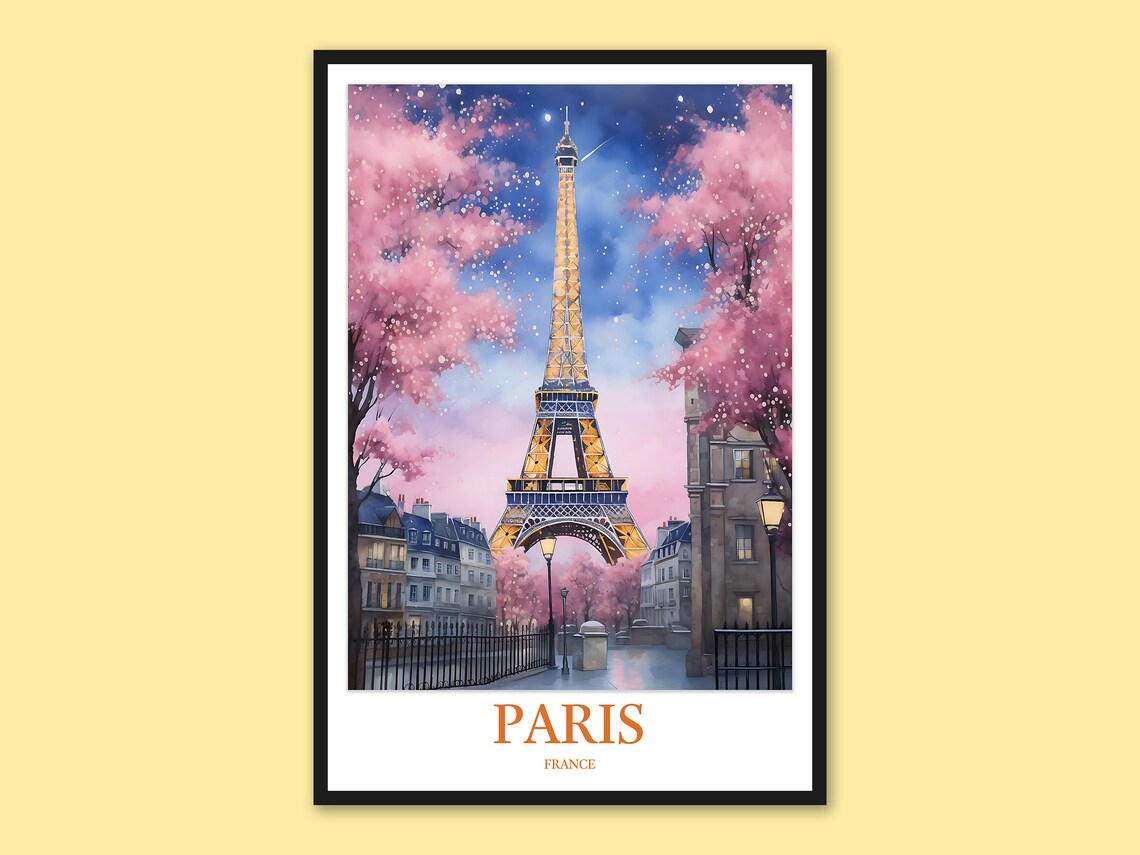 Eiffel Tower Paris Pink Blossom Night Watercolor Travel Poster