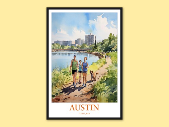 Austin Texas Lakeside Trail Runners Skyline Watercolor Travel Poster