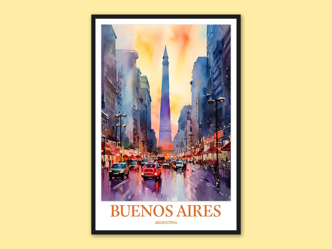 Buenos Aires Obelisk Avenue Street Scene Watercolor Argentina Poster