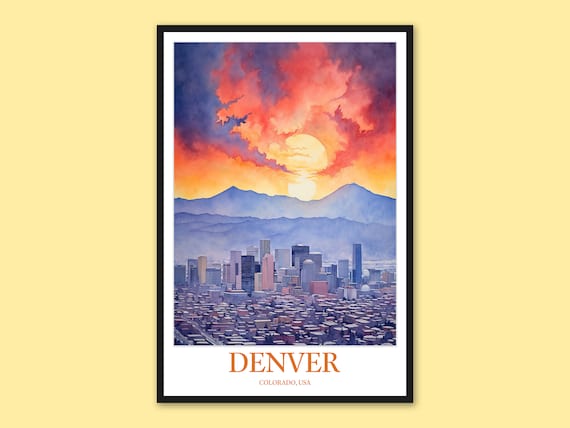 Denver Colorado Fiery Red Sunset Skyline Watercolor Travel Poster