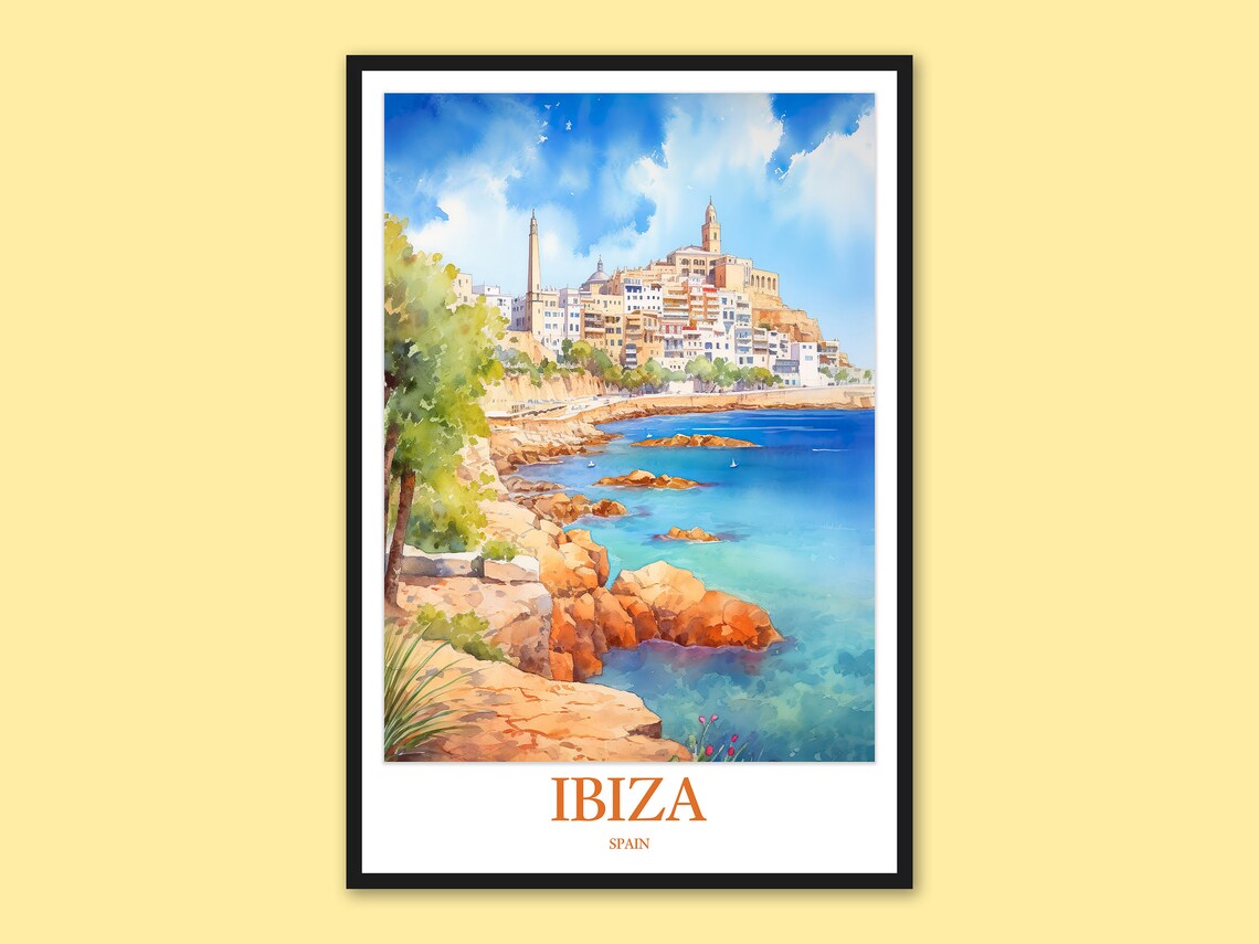 Ibiza Spain Rocky Coastline Watercolor Dalt Vila Town Poster