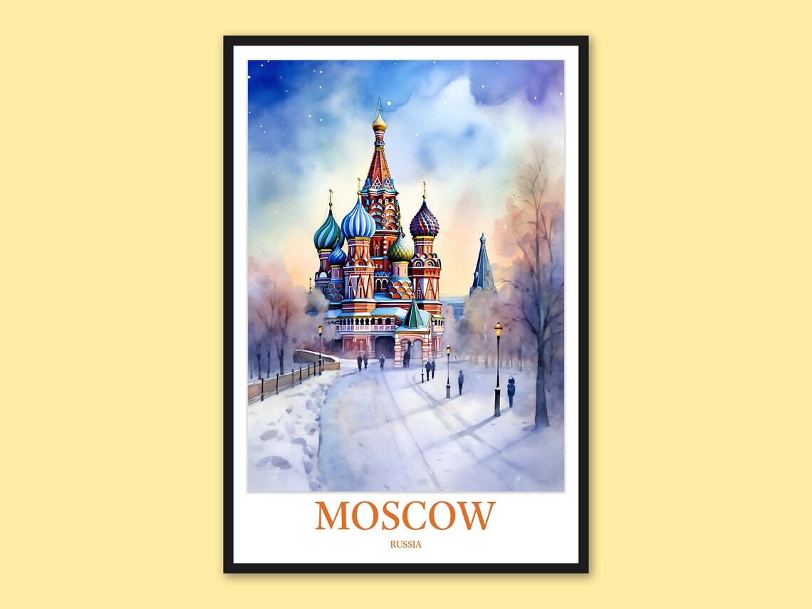 Moscow Saint Basil's Winter Walkway Watercolor Travel Poster