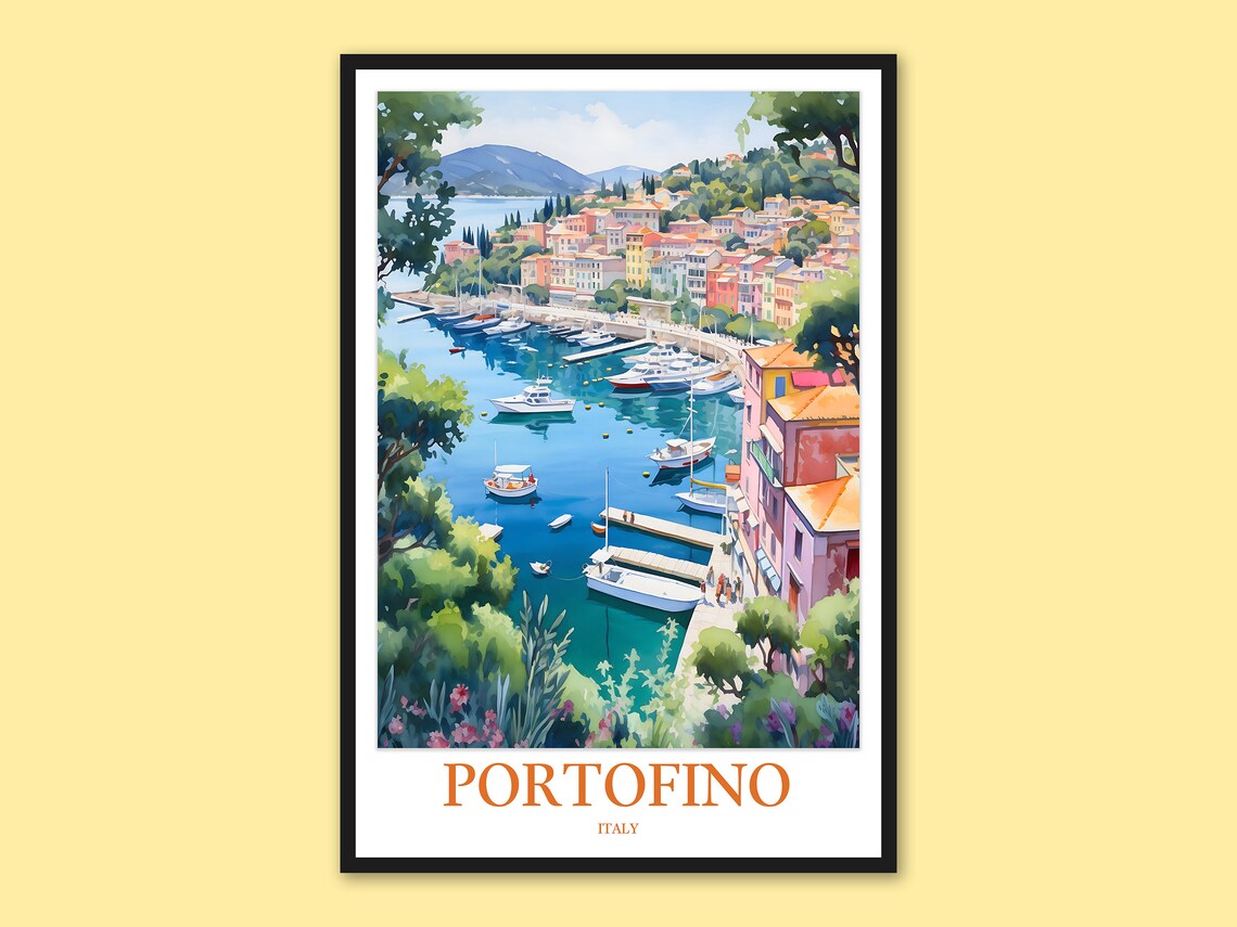 Portofino Italy Marina Framed by Green Trees Watercolor Poster