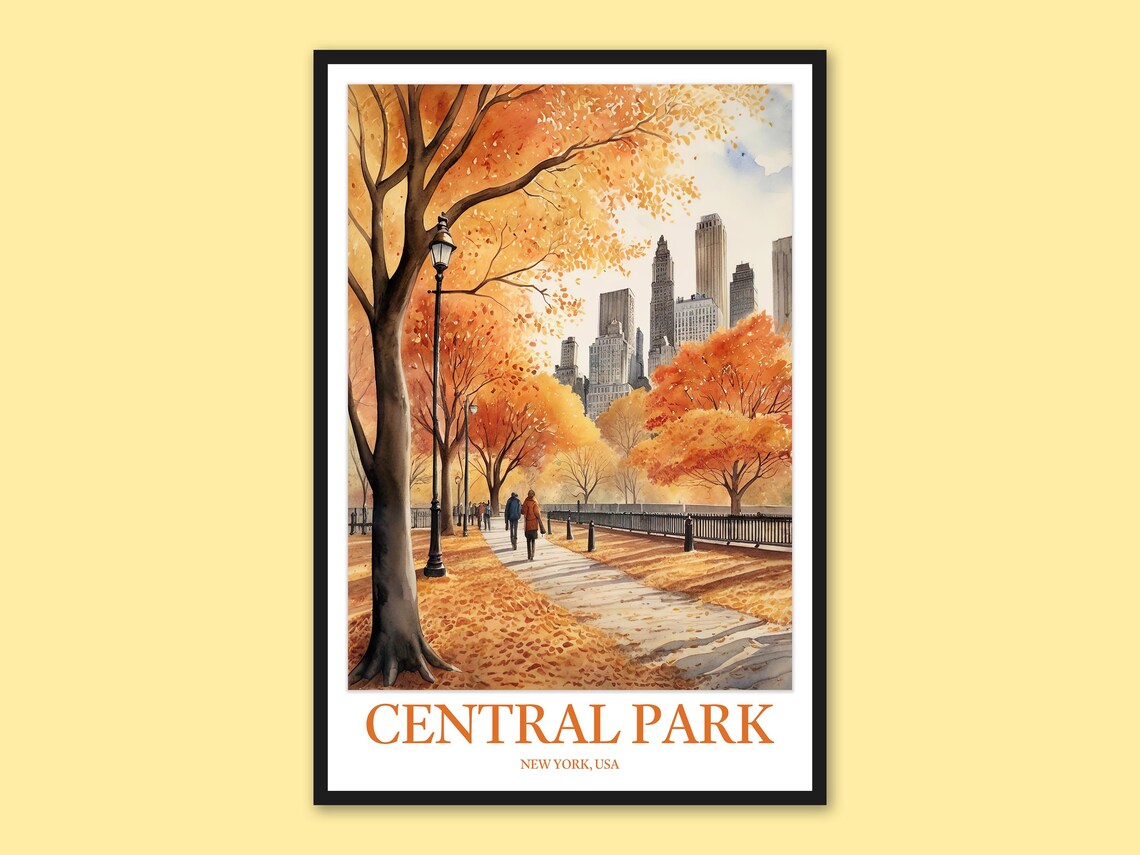 Central Park Autumn Trees Skyline New York Watercolor Travel Poster